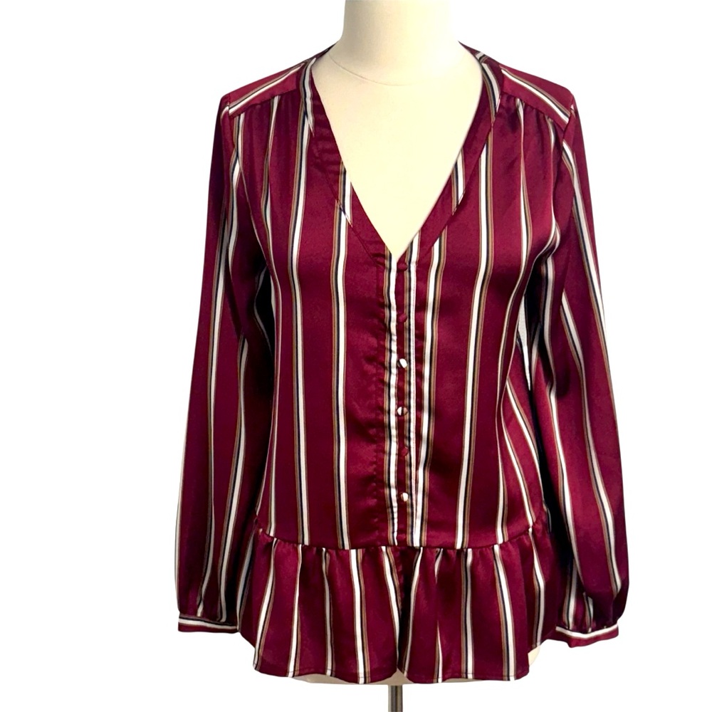 Cotton Bleu Women's Long Sleeve, V-Neck Front Button Swing Top, Burgundy Size L